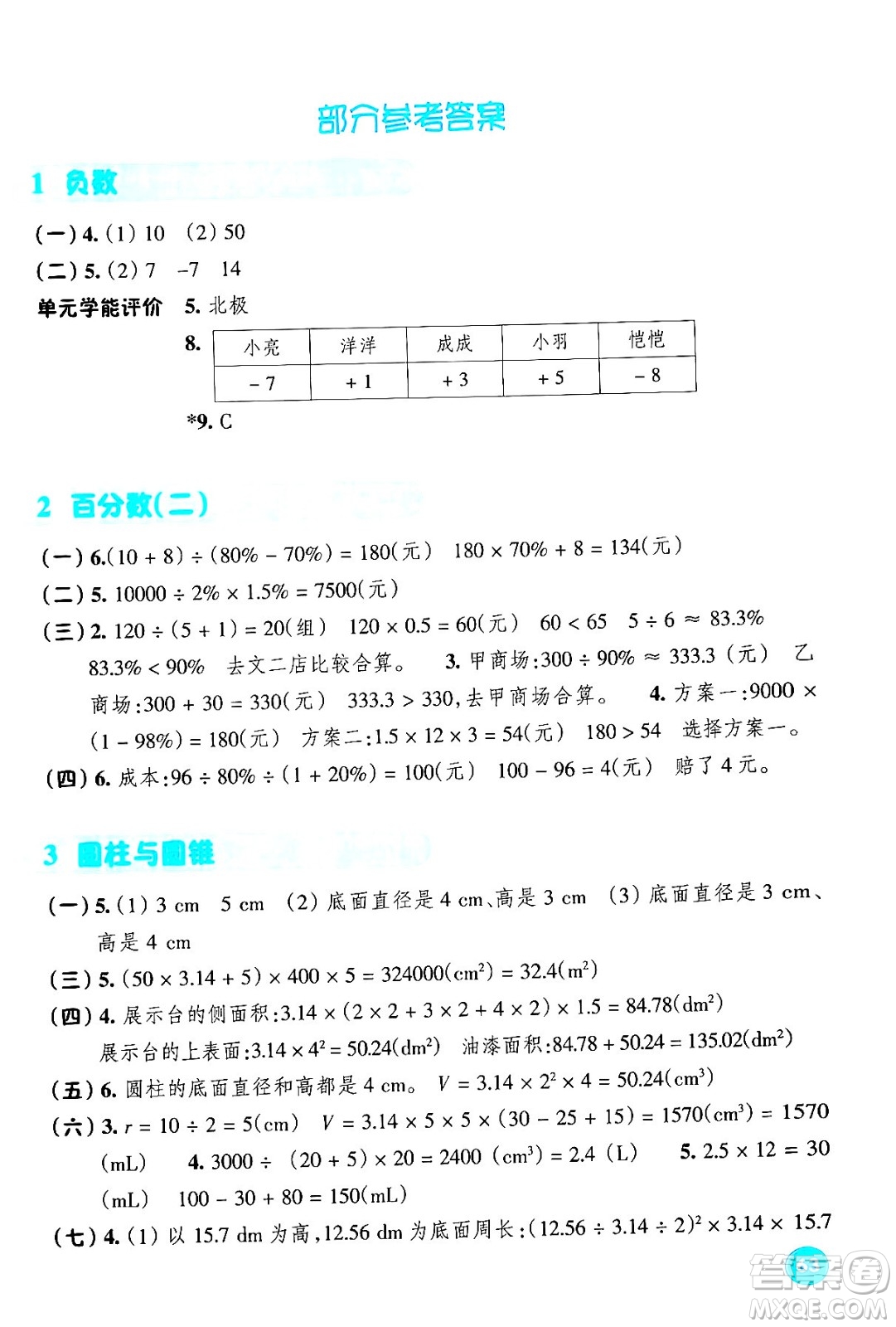 浙江教育出版社2024年春學(xué)能評(píng)價(jià)六年級(jí)數(shù)學(xué)下冊人教版答案