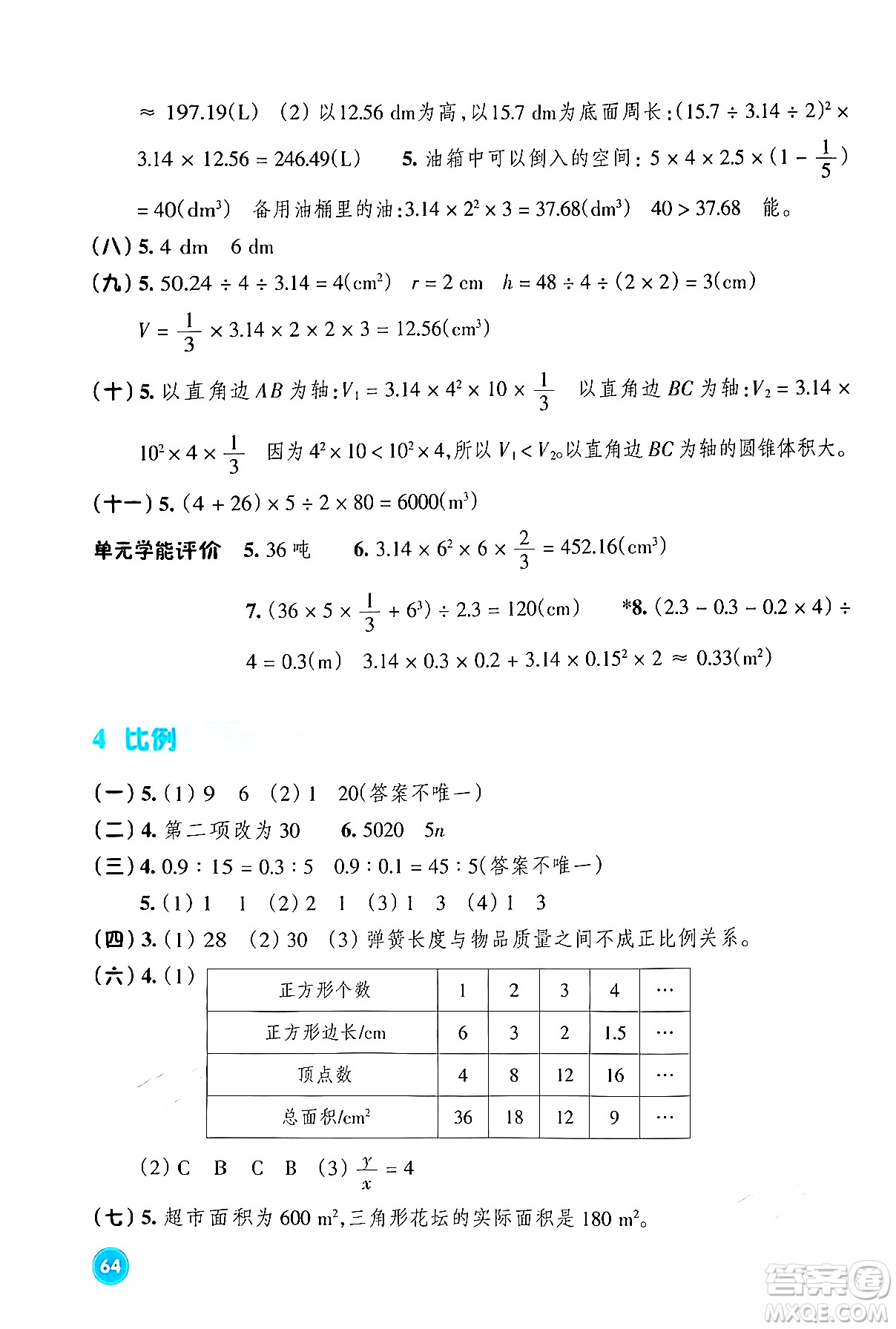 浙江教育出版社2024年春學(xué)能評(píng)價(jià)六年級(jí)數(shù)學(xué)下冊人教版答案