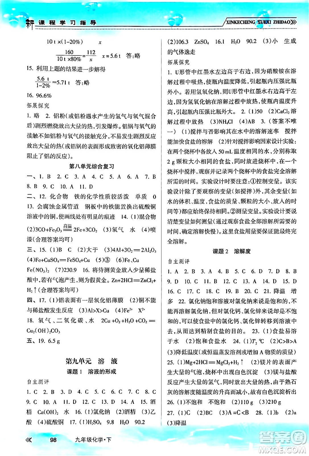 南方出版社2024年春新課程學(xué)習(xí)指導(dǎo)九年級化學(xué)下冊人教版答案