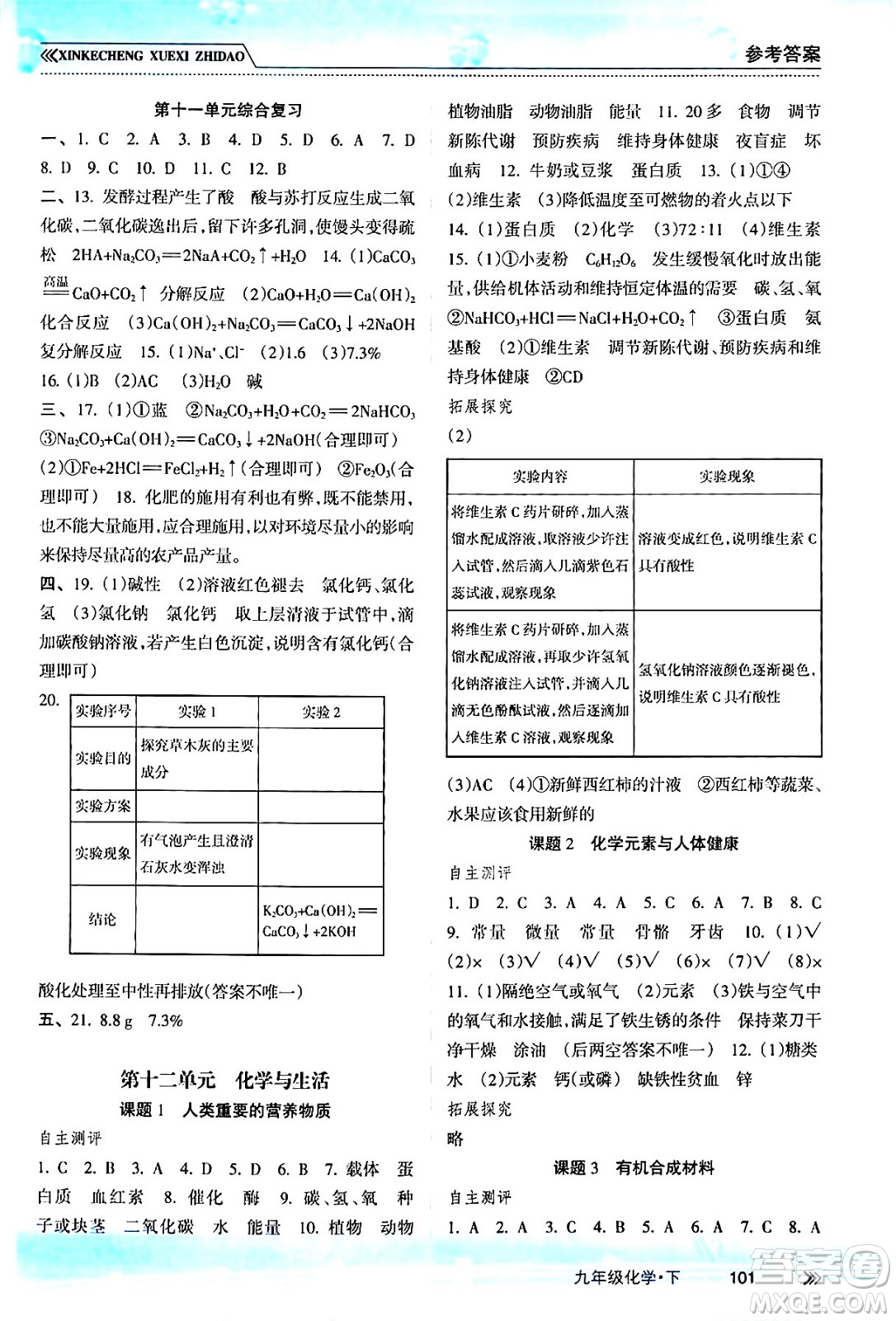 南方出版社2024年春新課程學(xué)習(xí)指導(dǎo)九年級化學(xué)下冊人教版答案