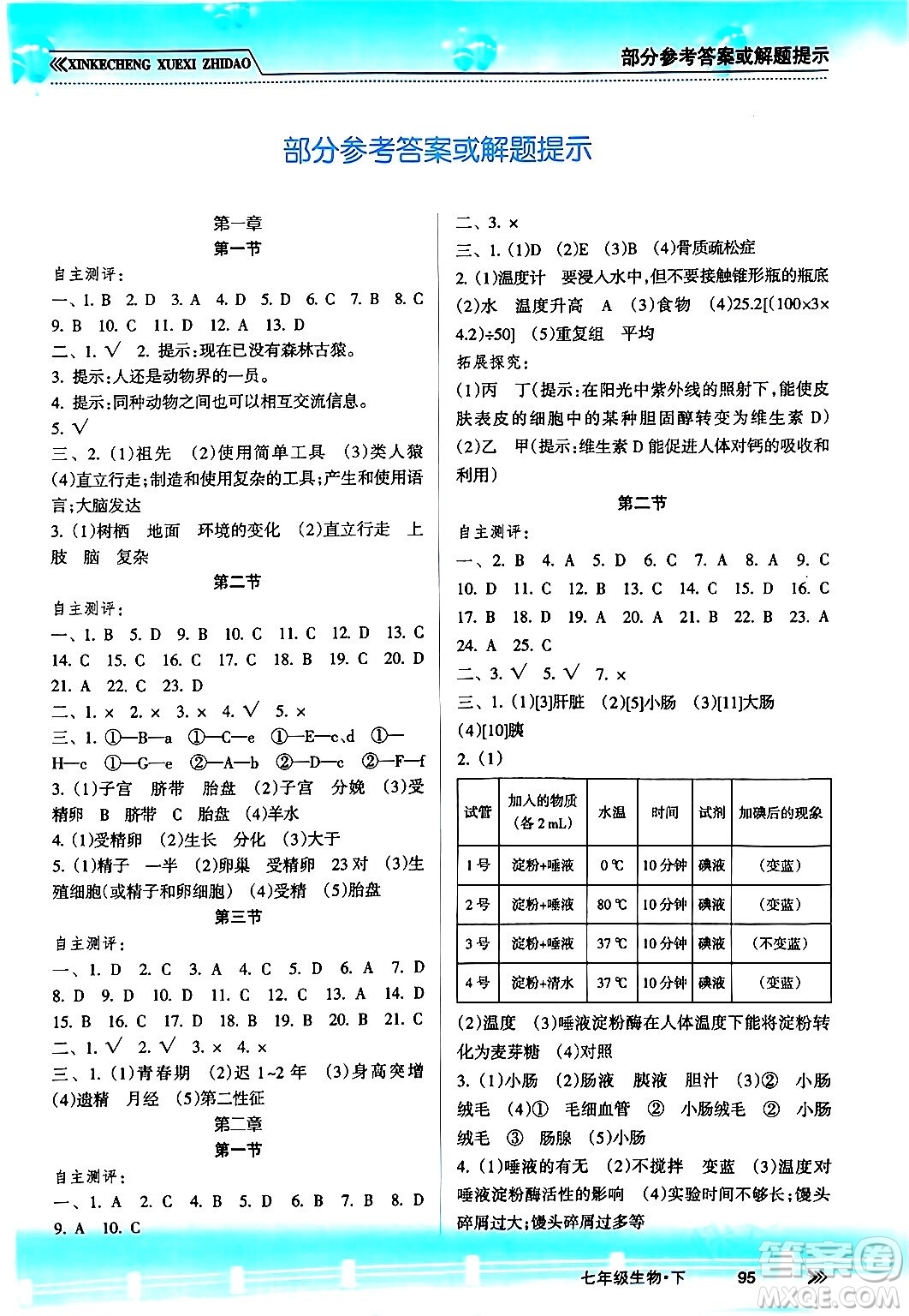 南方出版社2024年春新課程學習指導七年級生物下冊人教版答案