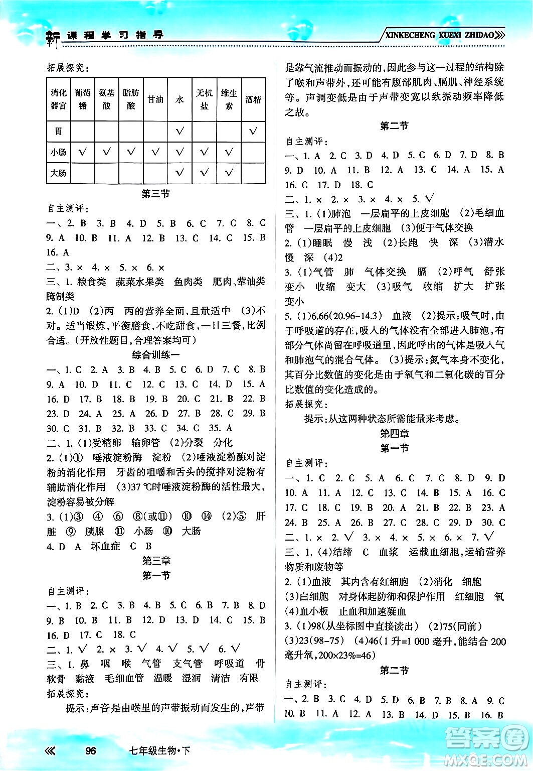 南方出版社2024年春新課程學習指導七年級生物下冊人教版答案