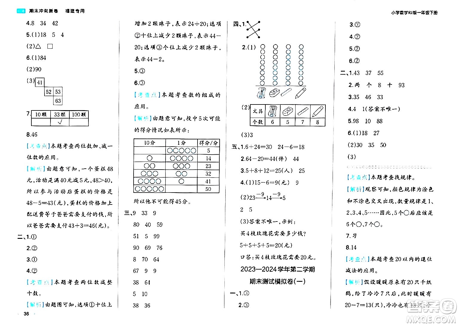 湖南教育出版社2024年春一本期末沖刺新卷一年級數(shù)學下冊人教版福建專版答案