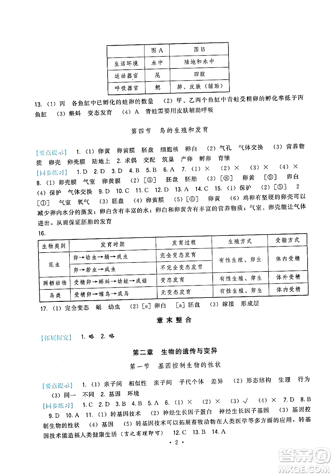 福建人民出版社2024年春頂尖課課練八年級生物下冊人教版答案