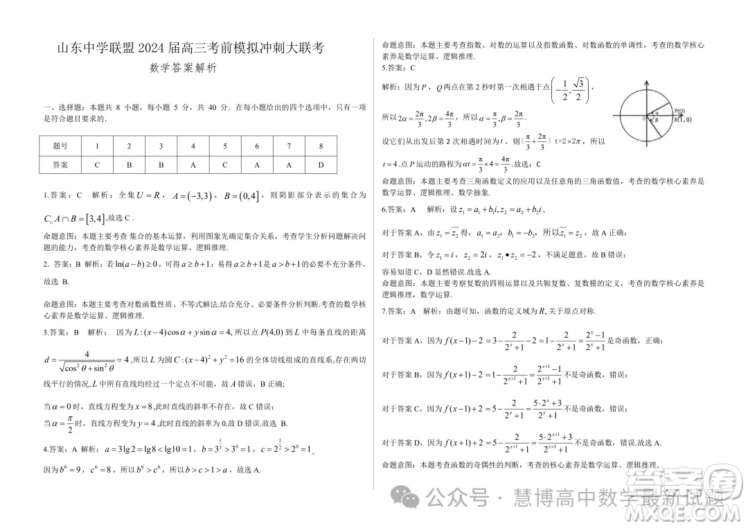 2024屆山東中學(xué)聯(lián)盟高三5月考前沖刺大聯(lián)考數(shù)學(xué)試題答案