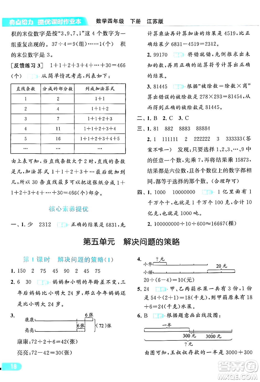 北京教育出版社2024年春亮點(diǎn)給力提優(yōu)課時(shí)作業(yè)本四年級(jí)數(shù)學(xué)下冊(cè)江蘇版答案