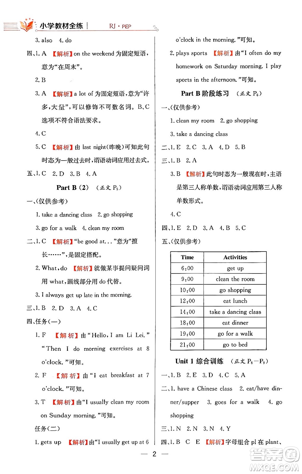 陜西人民教育出版社2024年春小學(xué)教材全練五年級(jí)英語(yǔ)下冊(cè)人教PEP版答案