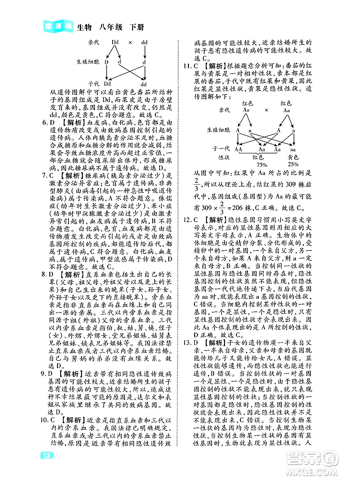 西安出版社2024年春課課練同步訓練八年級生物下冊人教版答案