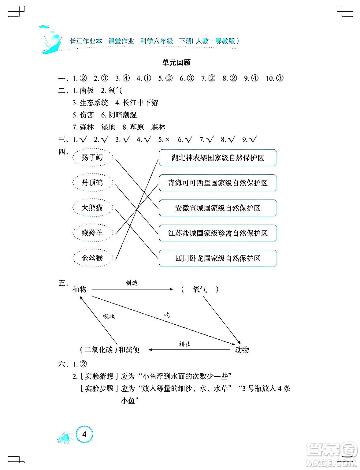 湖北教育出版社2024年春長江作業(yè)本課堂作業(yè)六年級科學下冊人教鄂教版答案