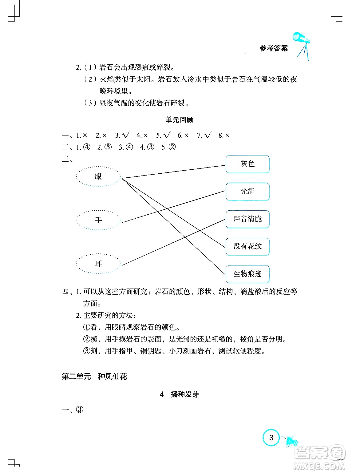 湖北教育出版社2024年春長江作業(yè)本課堂作業(yè)三年級科學下冊人教鄂教版答案