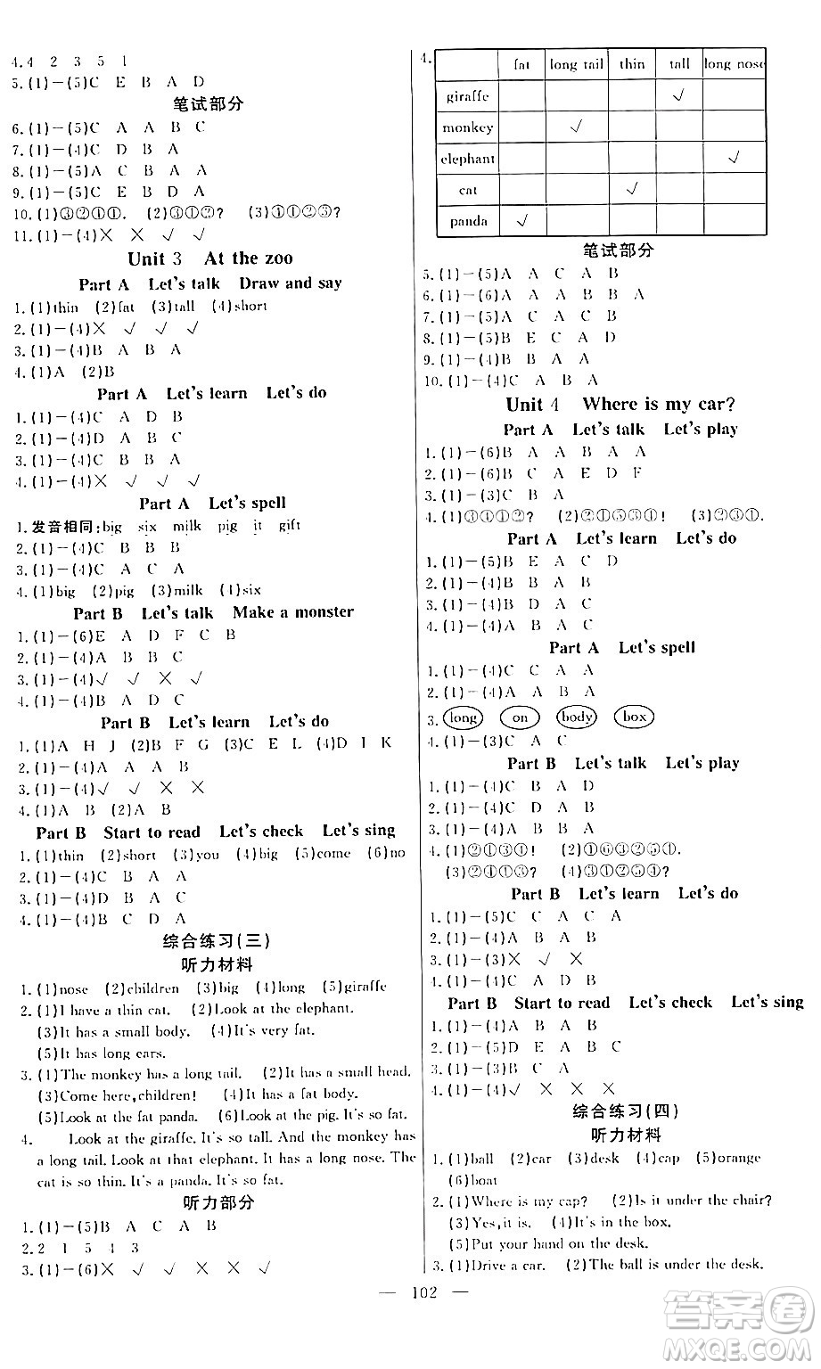 陽光出版社2024年春快樂練習(xí)作業(yè)本三年級英語下冊人教版答案