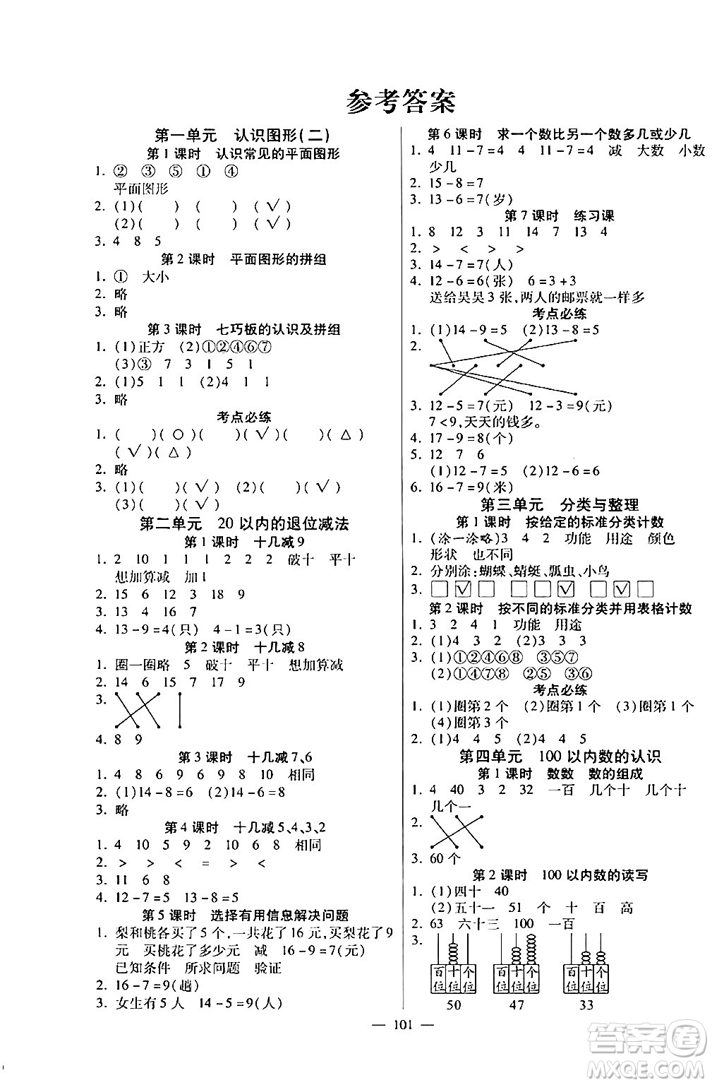 陽光出版社2024年春快樂練習(xí)作業(yè)本一年級數(shù)學(xué)下冊人教版答案