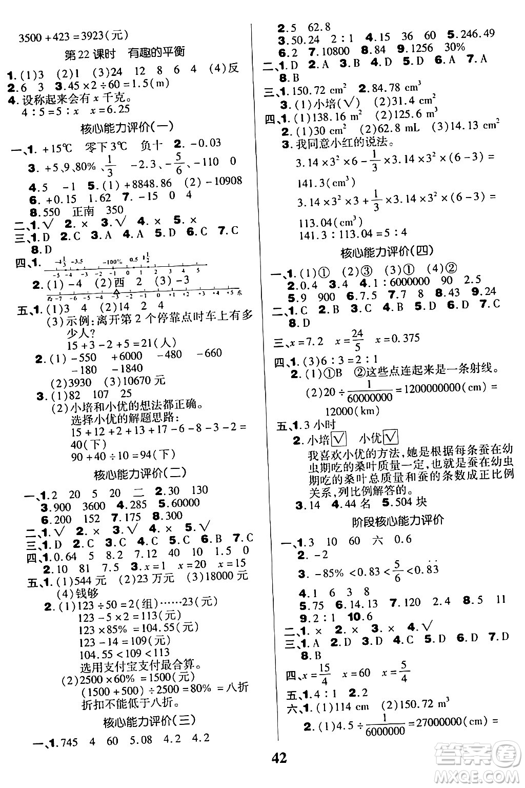 沈陽出版社2024年春培優(yōu)小狀元優(yōu)秀三好生分層作業(yè)六年級數(shù)學(xué)下冊人教版答案