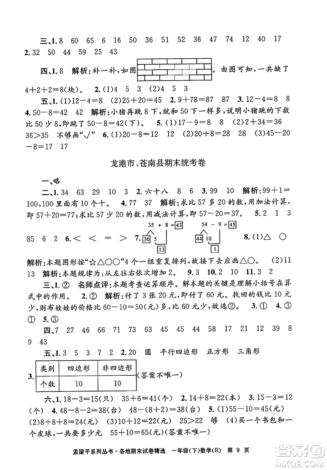 浙江工商大學(xué)出版社2024年春孟建平各地期末試卷精選一年級(jí)數(shù)學(xué)下冊(cè)人教版浙江專版答案