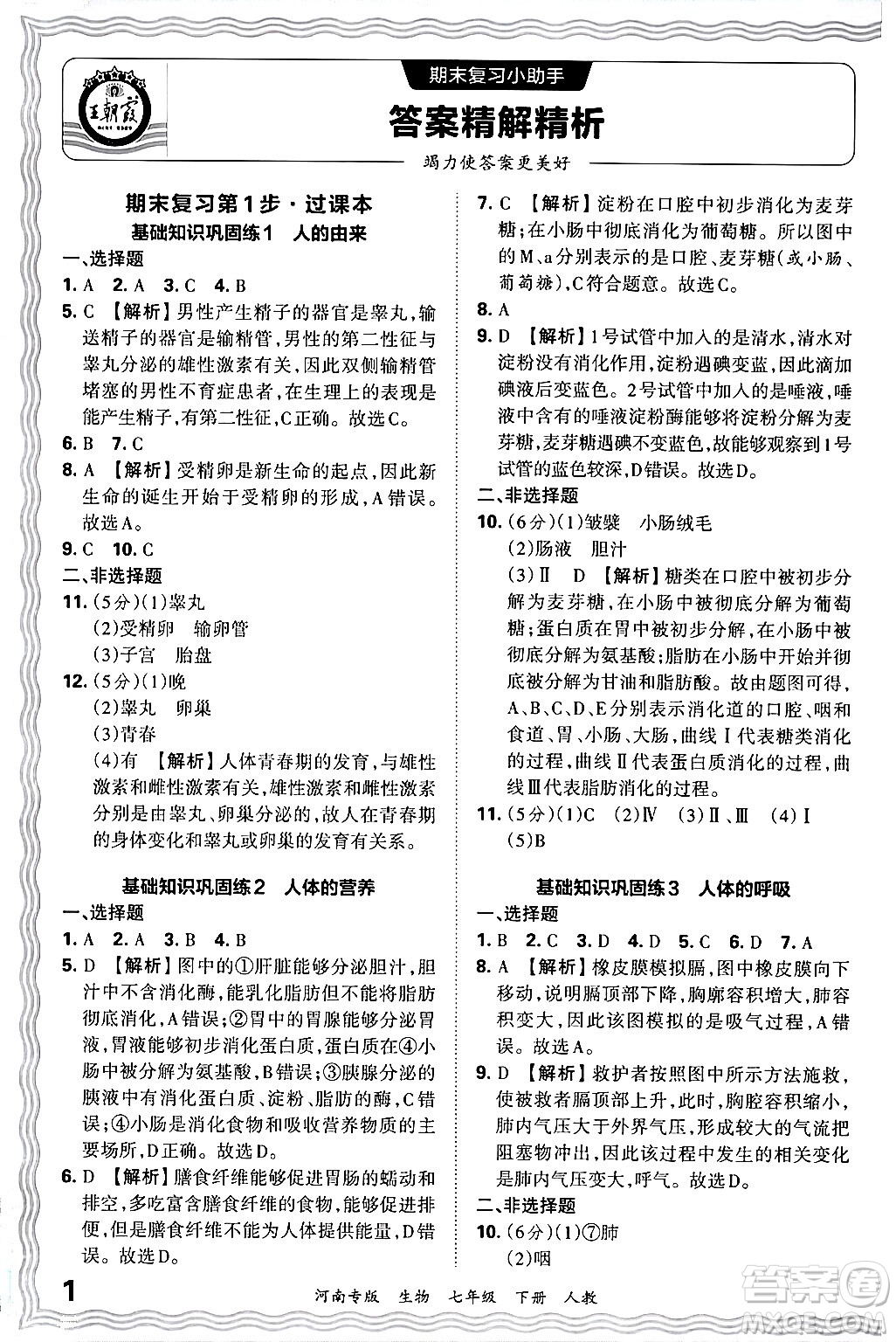 江西人民出版社2024年春王朝霞各地期末試卷精選七年級生物下冊人教版河南專版答案