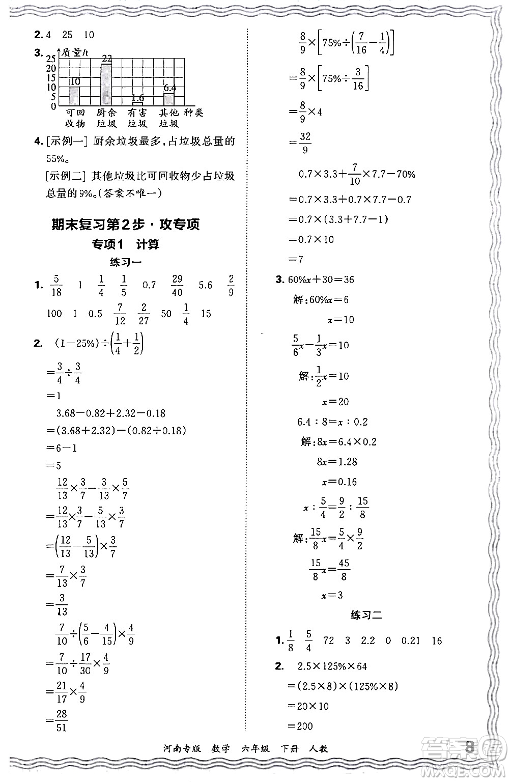 江西人民出版社2024年春王朝霞各地期末試卷精選六年級數(shù)學(xué)下冊人教版河南專版答案