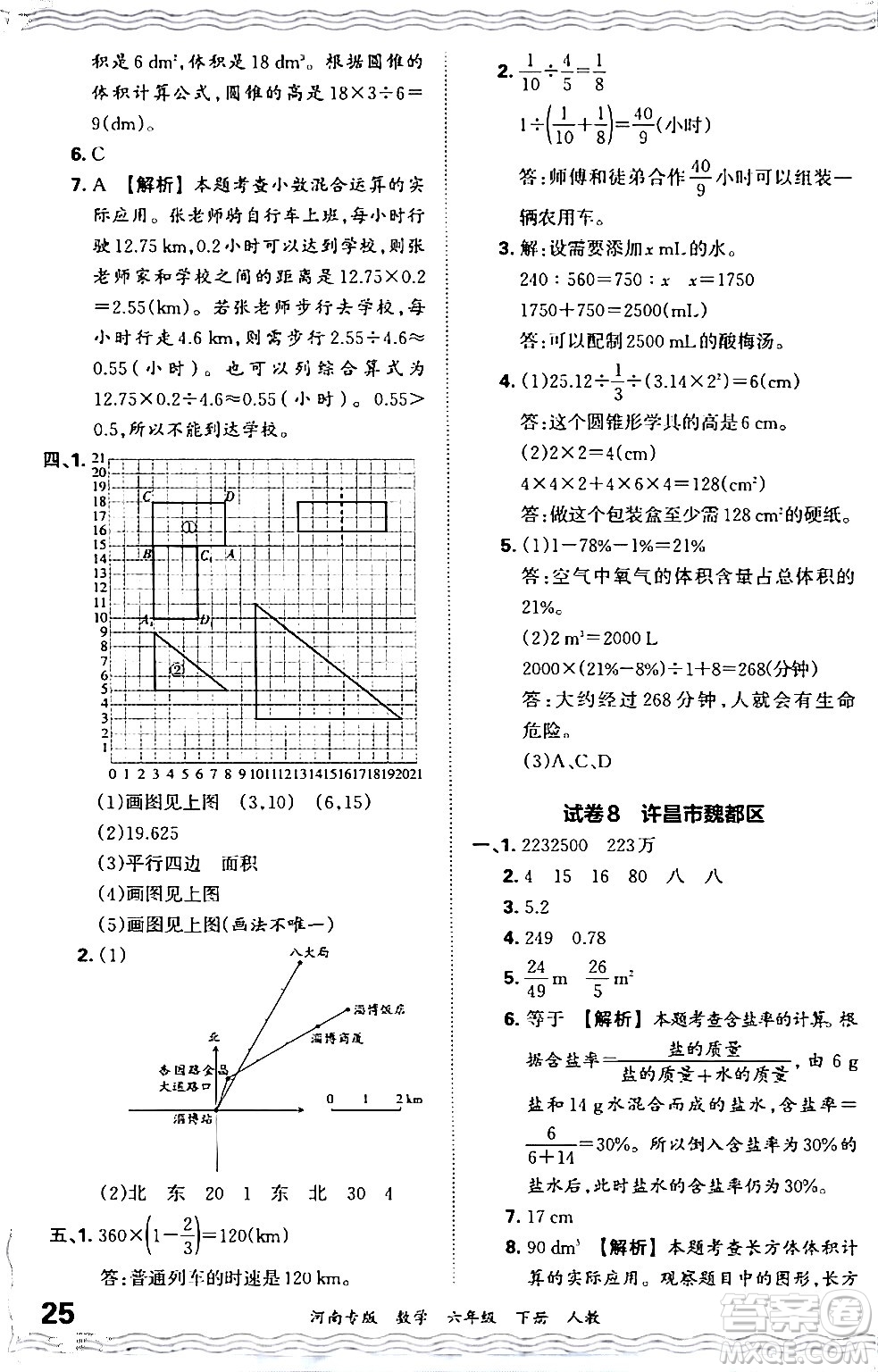 江西人民出版社2024年春王朝霞各地期末試卷精選六年級數(shù)學(xué)下冊人教版河南專版答案