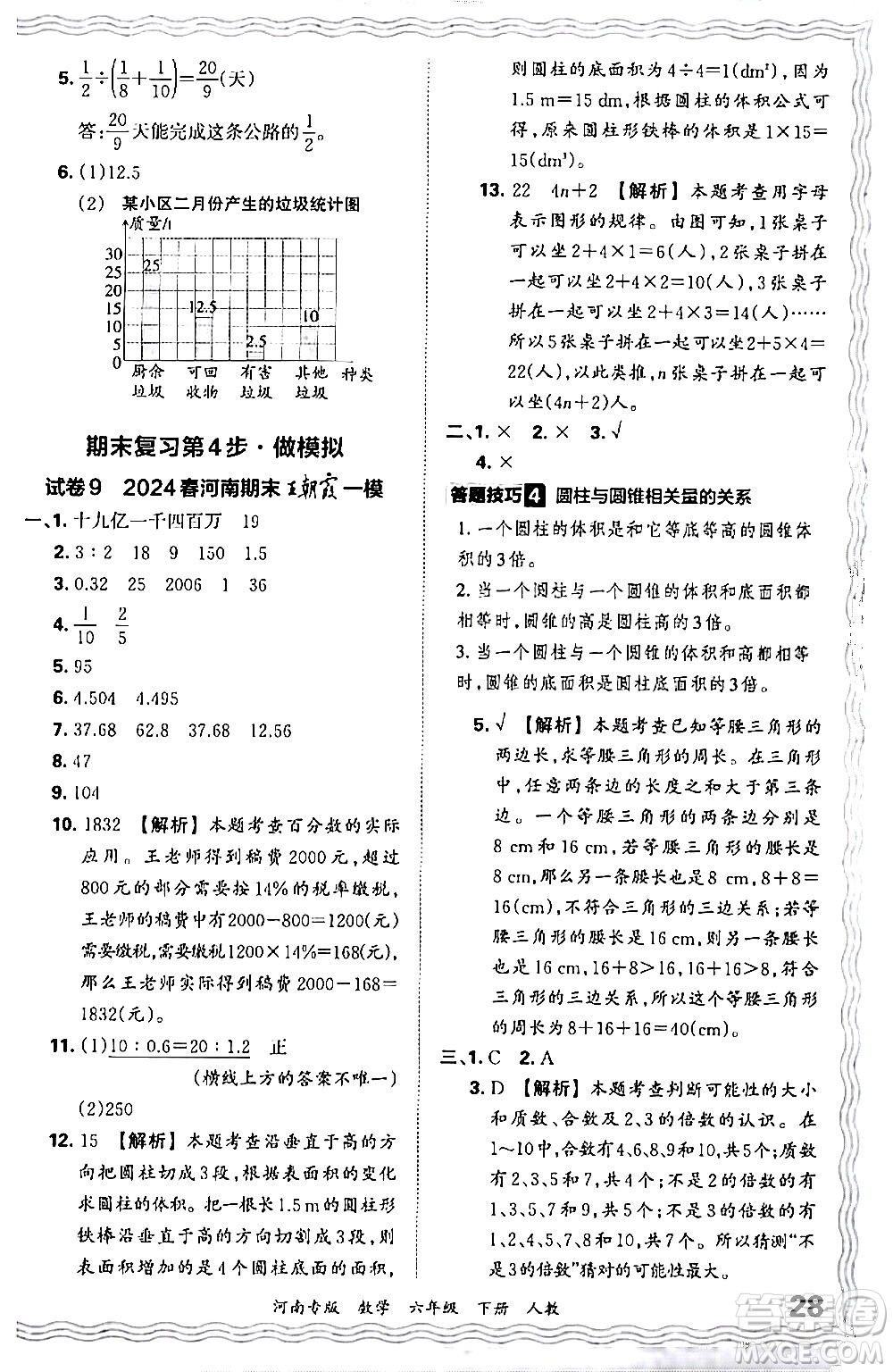 江西人民出版社2024年春王朝霞各地期末試卷精選六年級數(shù)學(xué)下冊人教版河南專版答案