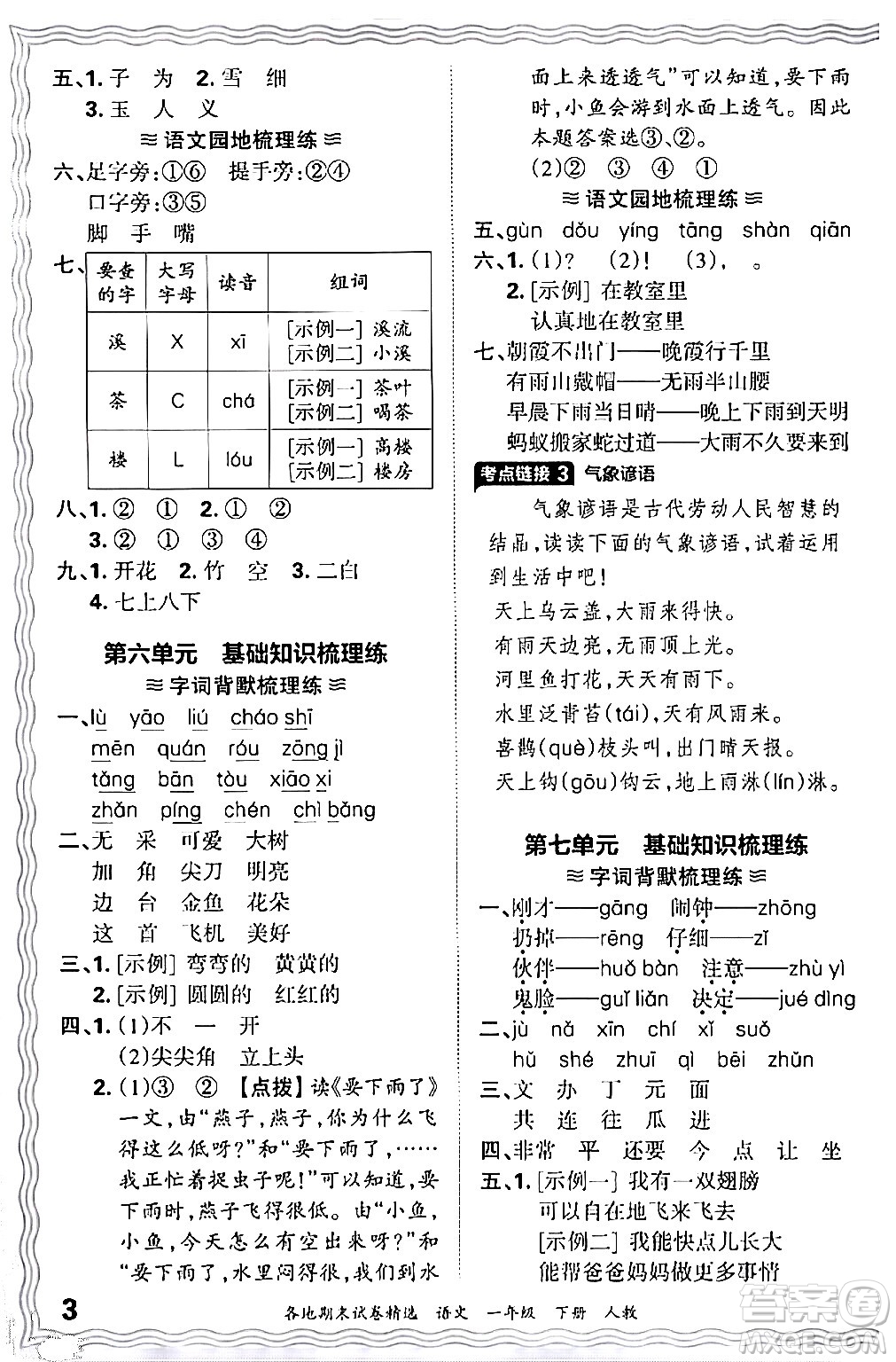 江西人民出版社2024年春王朝霞各地期末試卷精選一年級語文下冊人教版答案