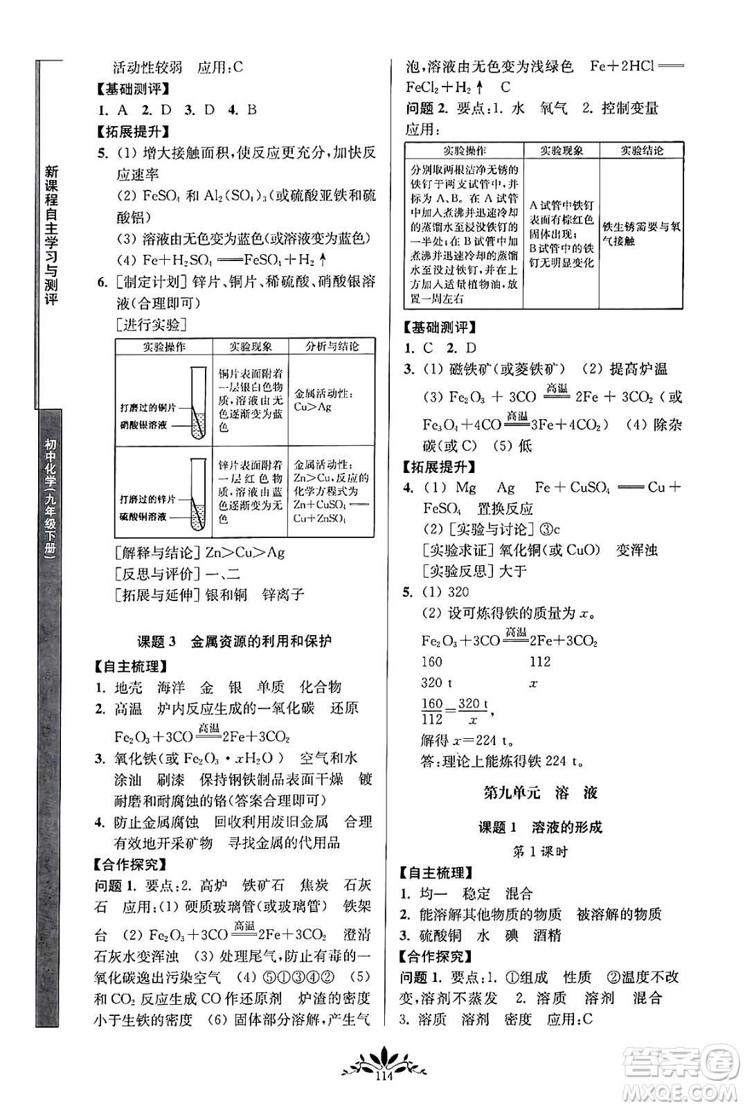 南京師范大學(xué)出版社2024年春新課程自主學(xué)習(xí)與測評九年級化學(xué)下冊人教版答案