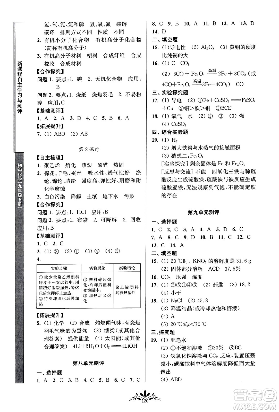 南京師范大學(xué)出版社2024年春新課程自主學(xué)習(xí)與測評九年級化學(xué)下冊人教版答案