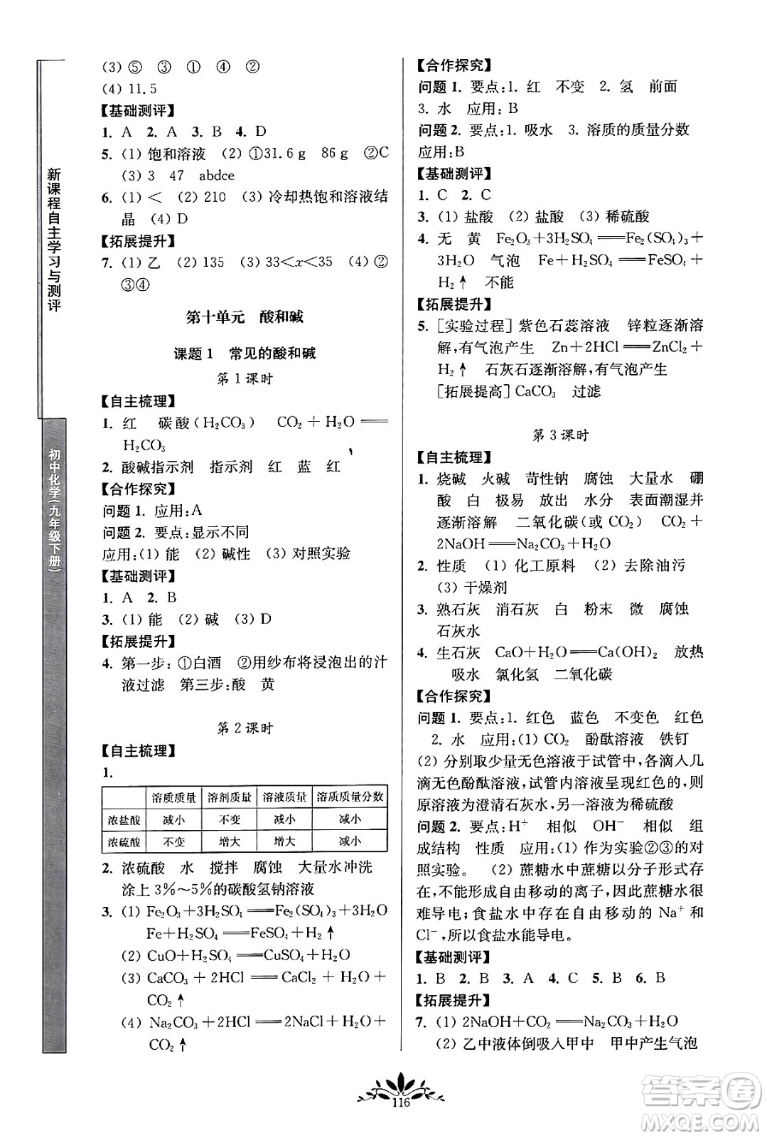 南京師范大學(xué)出版社2024年春新課程自主學(xué)習(xí)與測評九年級化學(xué)下冊人教版答案