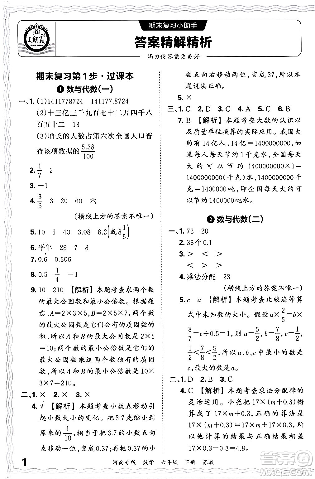 江西人民出版社2024年春王朝霞各地期末試卷精選六年級數(shù)學(xué)下冊蘇教版河南專版答案