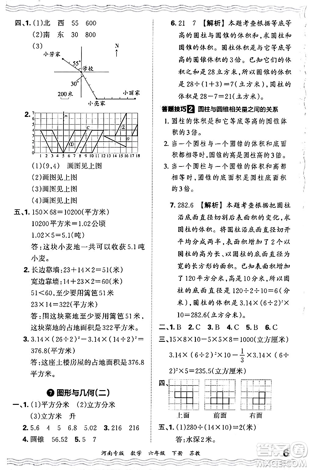 江西人民出版社2024年春王朝霞各地期末試卷精選六年級數(shù)學(xué)下冊蘇教版河南專版答案