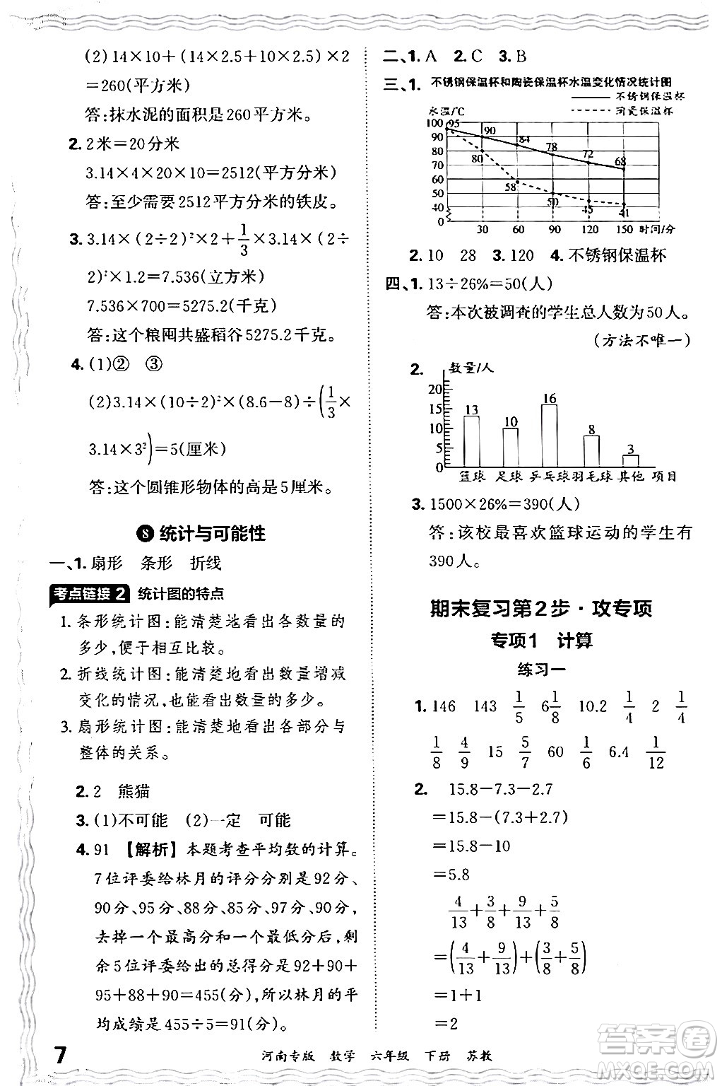 江西人民出版社2024年春王朝霞各地期末試卷精選六年級數(shù)學(xué)下冊蘇教版河南專版答案