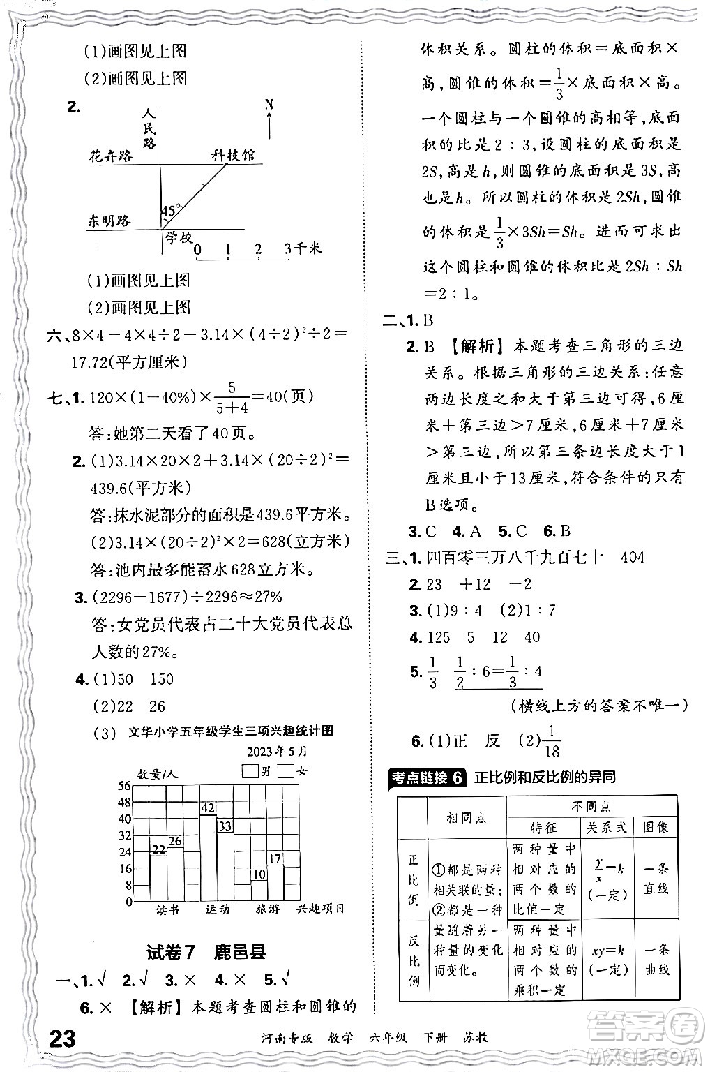 江西人民出版社2024年春王朝霞各地期末試卷精選六年級數(shù)學(xué)下冊蘇教版河南專版答案