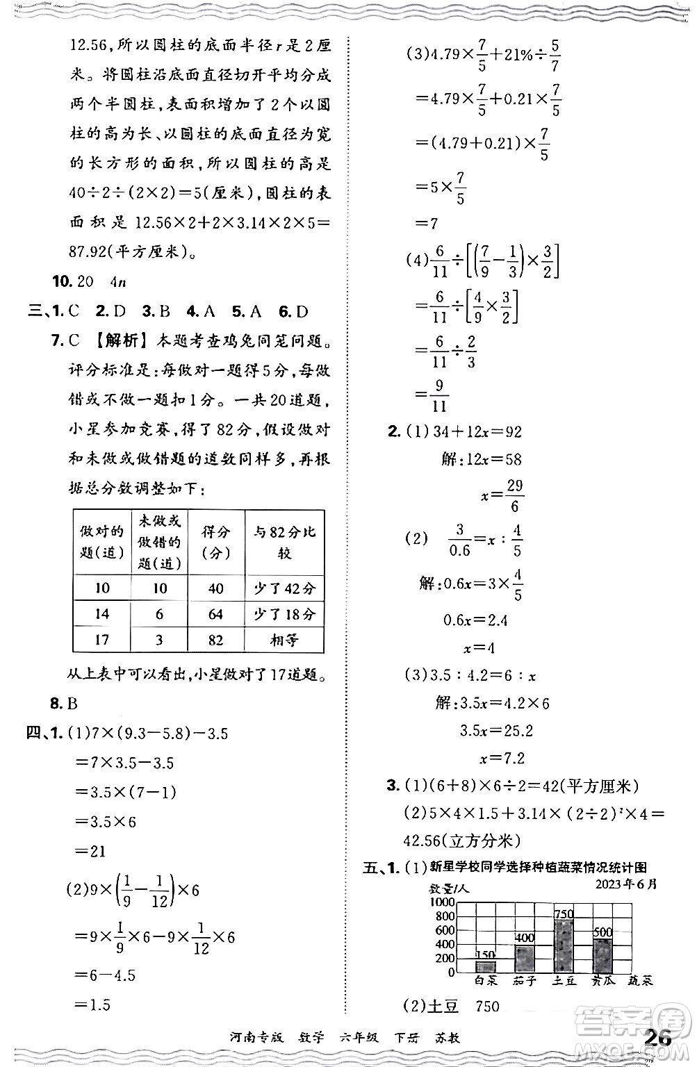 江西人民出版社2024年春王朝霞各地期末試卷精選六年級數(shù)學(xué)下冊蘇教版河南專版答案