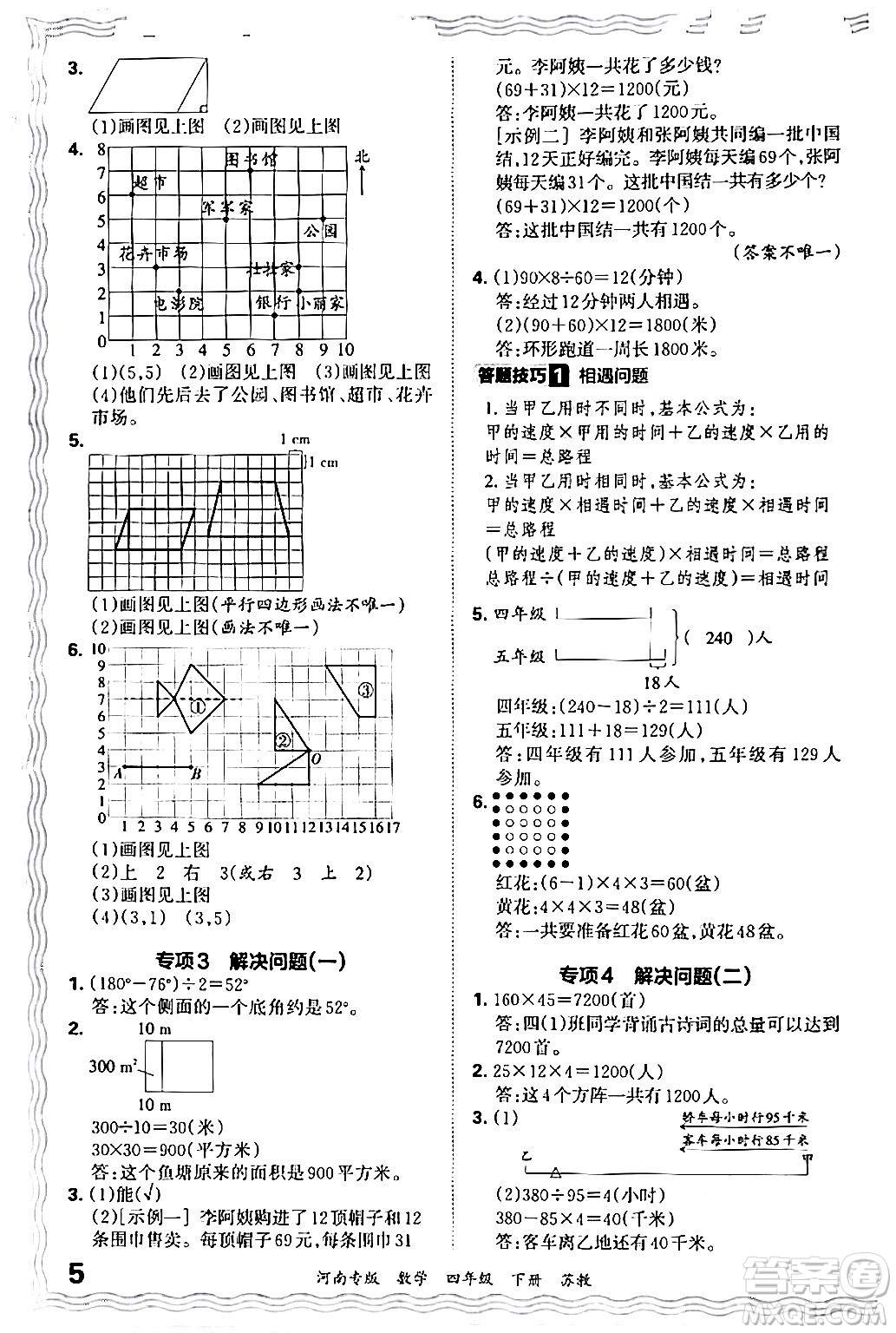 江西人民出版社2024年春王朝霞各地期末試卷精選四年級(jí)數(shù)學(xué)下冊(cè)蘇教版河南專版答案