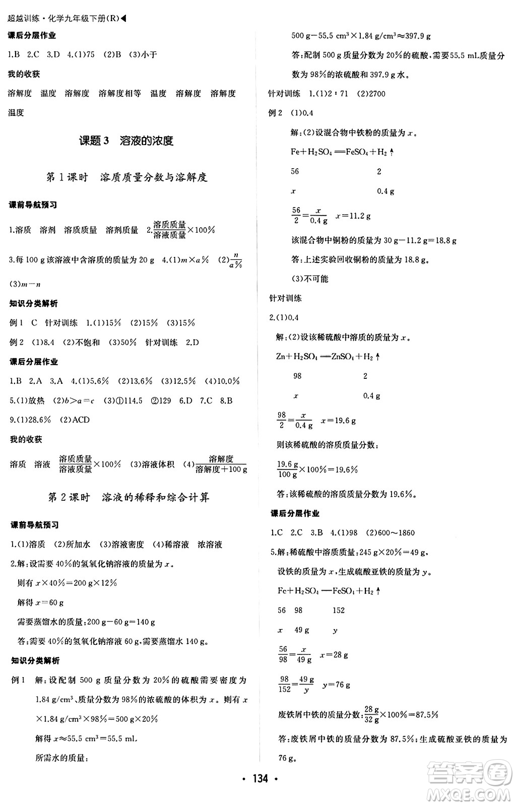 內(nèi)蒙古大學出版社2024年春超越訓練九年級化學下冊人教版答案