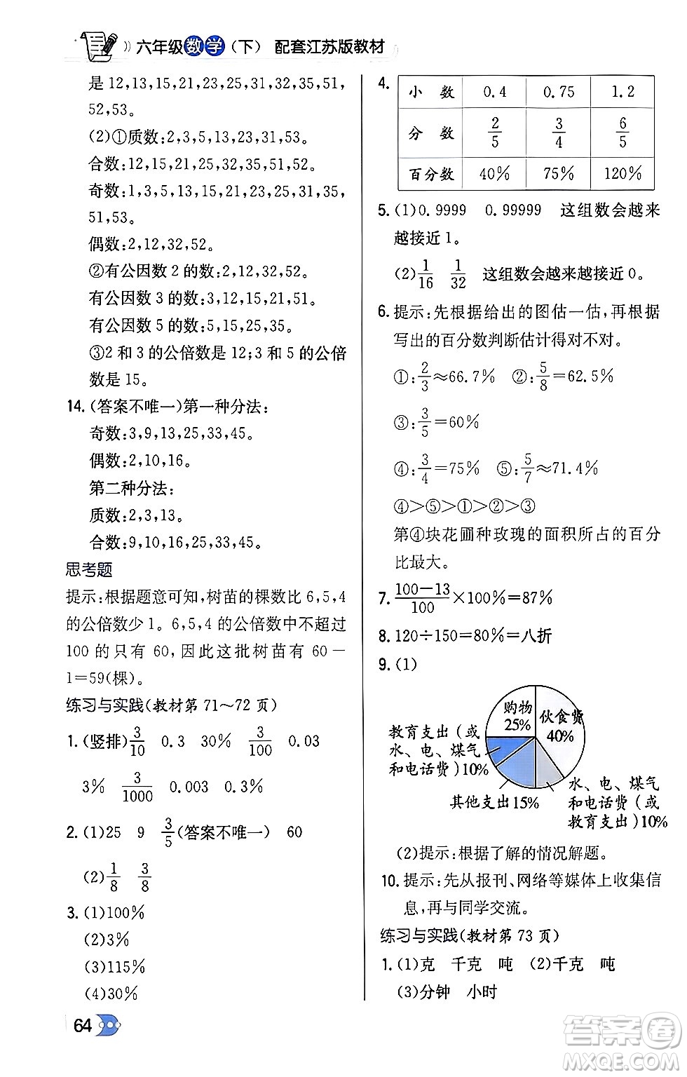 遼海出版社2024年春解透教材六年級(jí)數(shù)學(xué)下冊江蘇版答案