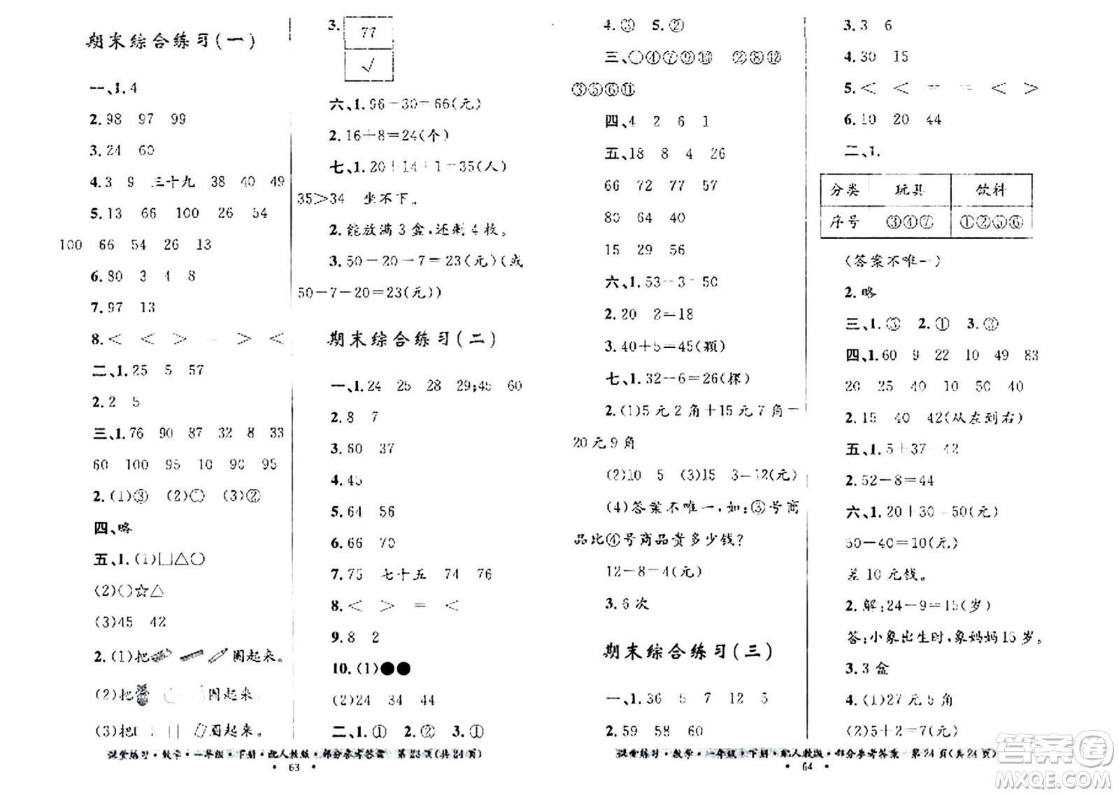 貴州人民出版社2024年春課堂練習(xí)一年級數(shù)學(xué)下冊人教版答案