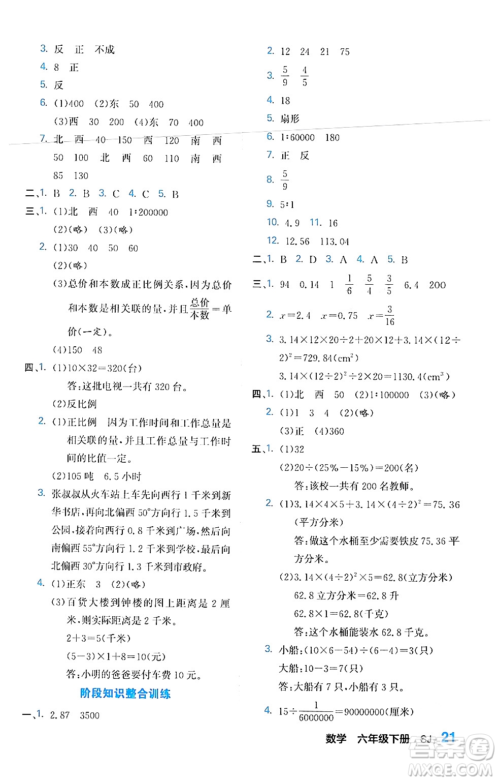 合肥工業(yè)大學(xué)出版社2024年春黃岡課課通同步隨堂檢測(cè)六年級(jí)數(shù)學(xué)下冊(cè)蘇教版答案