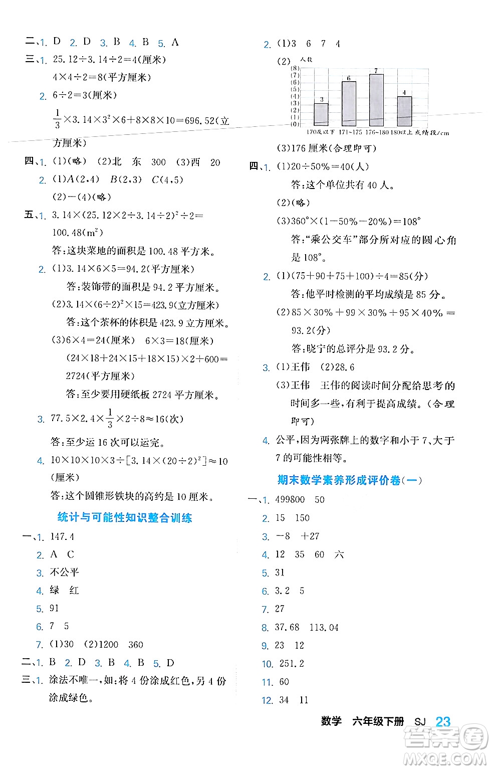 合肥工業(yè)大學(xué)出版社2024年春黃岡課課通同步隨堂檢測(cè)六年級(jí)數(shù)學(xué)下冊(cè)蘇教版答案