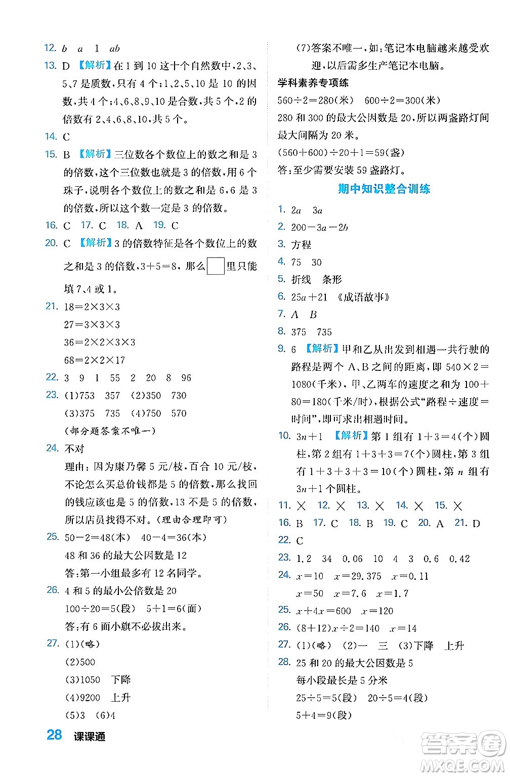 合肥工業(yè)大學出版社2024年春黃岡課課通同步隨堂檢測五年級數(shù)學下冊蘇教版答案