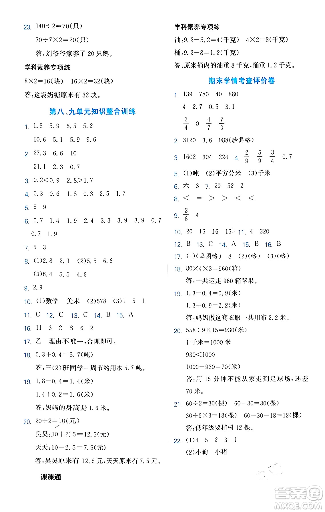 合肥工業(yè)大學(xué)出版社2024年春黃岡課課通同步隨堂檢測(cè)三年級(jí)數(shù)學(xué)下冊(cè)蘇教版答案