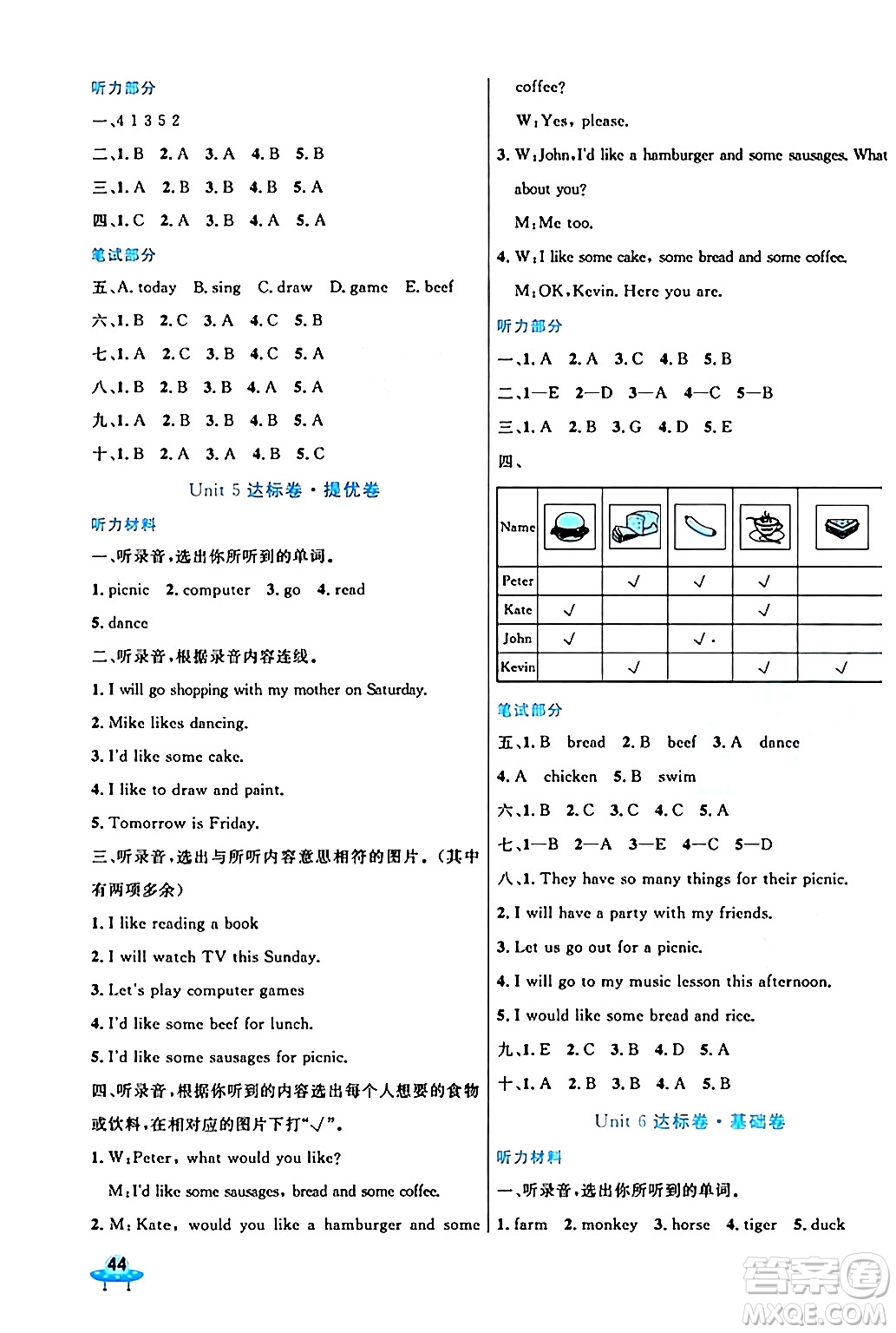 沈陽出版社2024年春黃岡全優(yōu)卷四年級英語下冊人教精通版答案