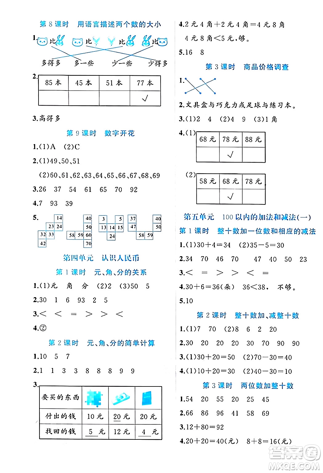 黑龍江教育出版社2024年春黃岡新課堂一年級數(shù)學下冊冀教版答案