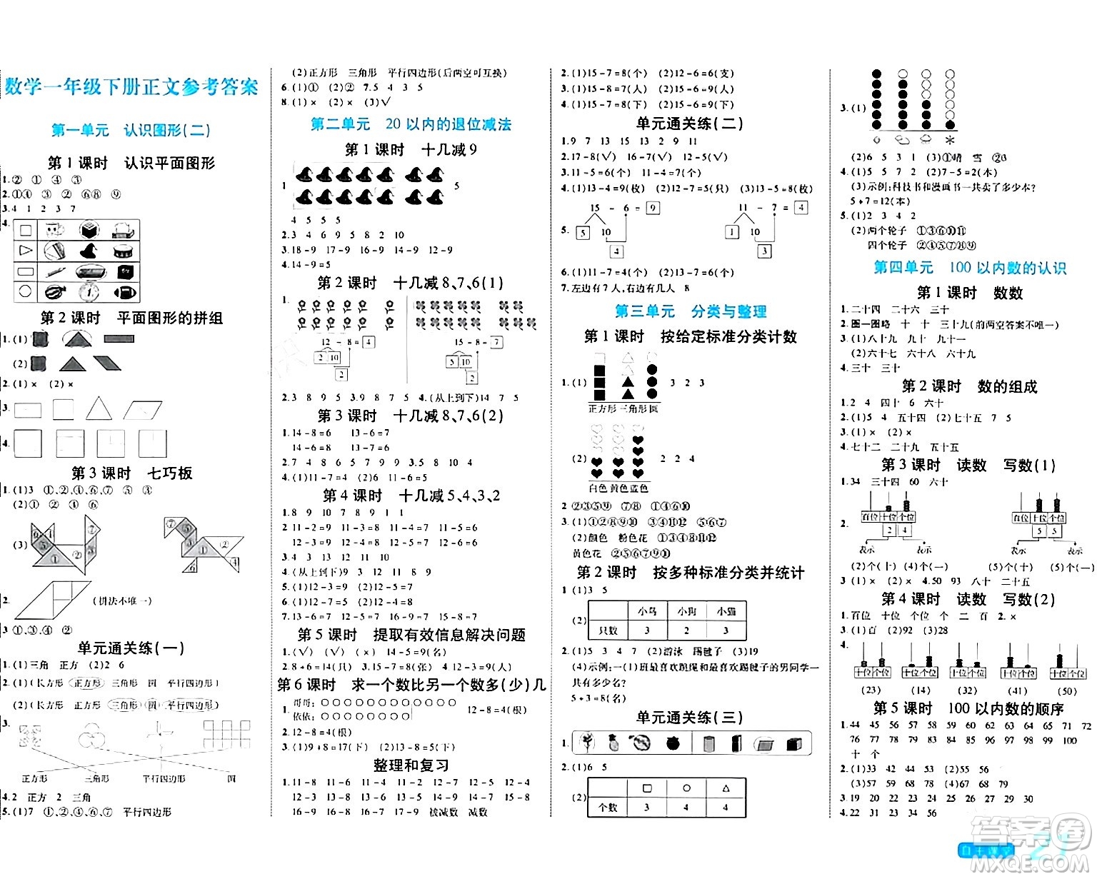 陽光出版社2024年春自主課堂一年級數(shù)學(xué)下冊人教版答案