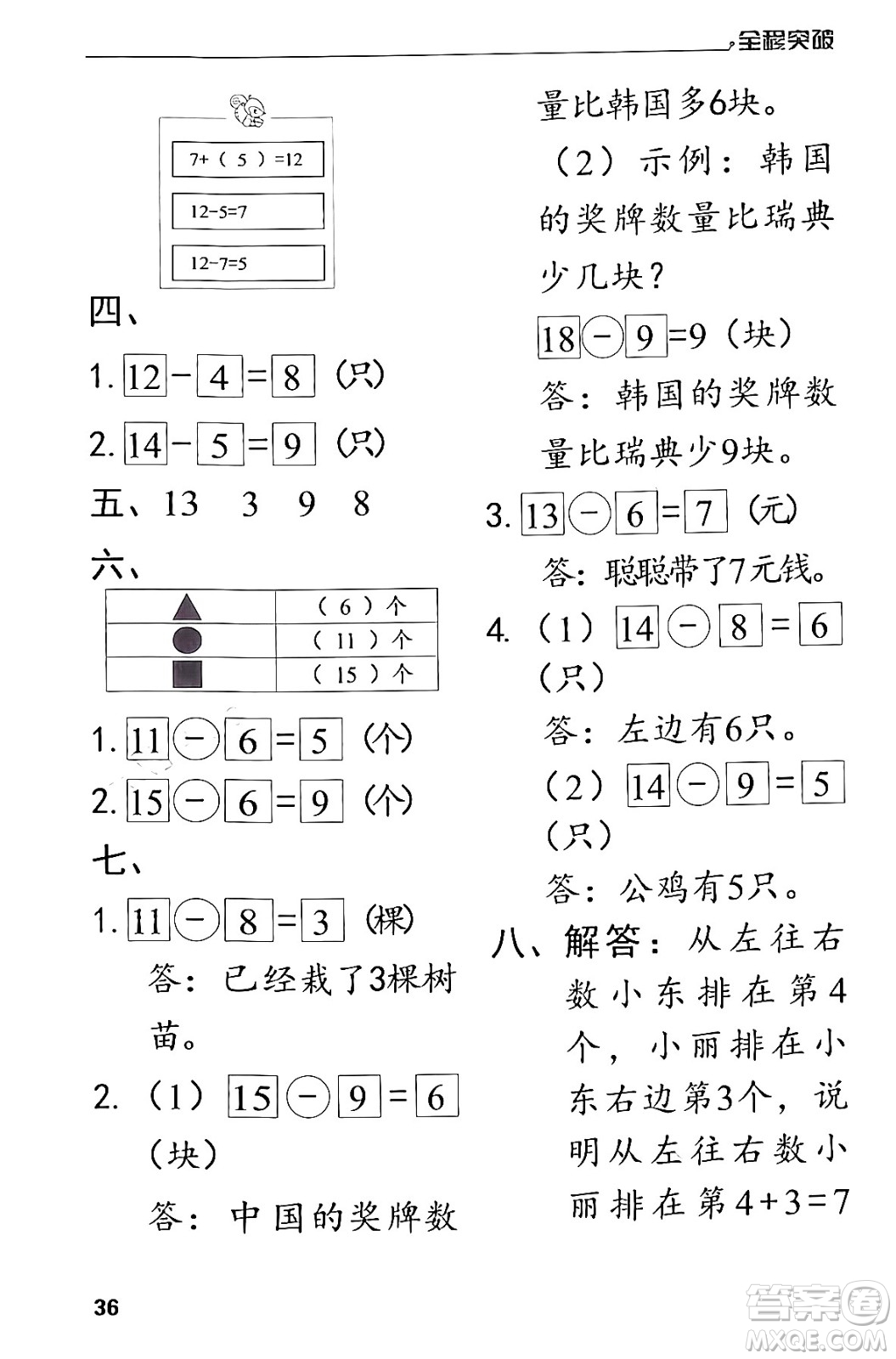 北方婦女兒童出版社2024年春全程突破一年級數(shù)學(xué)下冊人教版答案