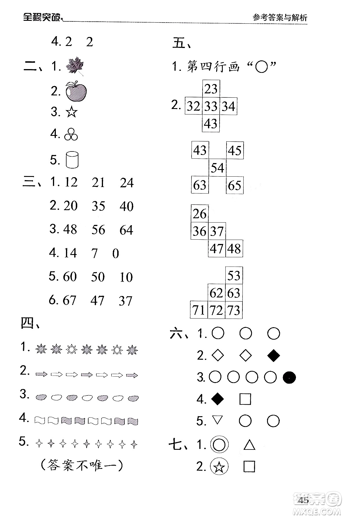 北方婦女兒童出版社2024年春全程突破一年級數(shù)學(xué)下冊人教版答案