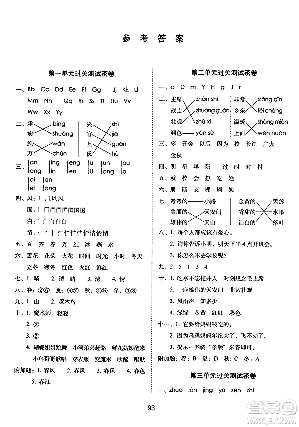 長(zhǎng)春出版社2024年春期末沖刺100分完全試卷一年級(jí)語(yǔ)文下冊(cè)人教版答案