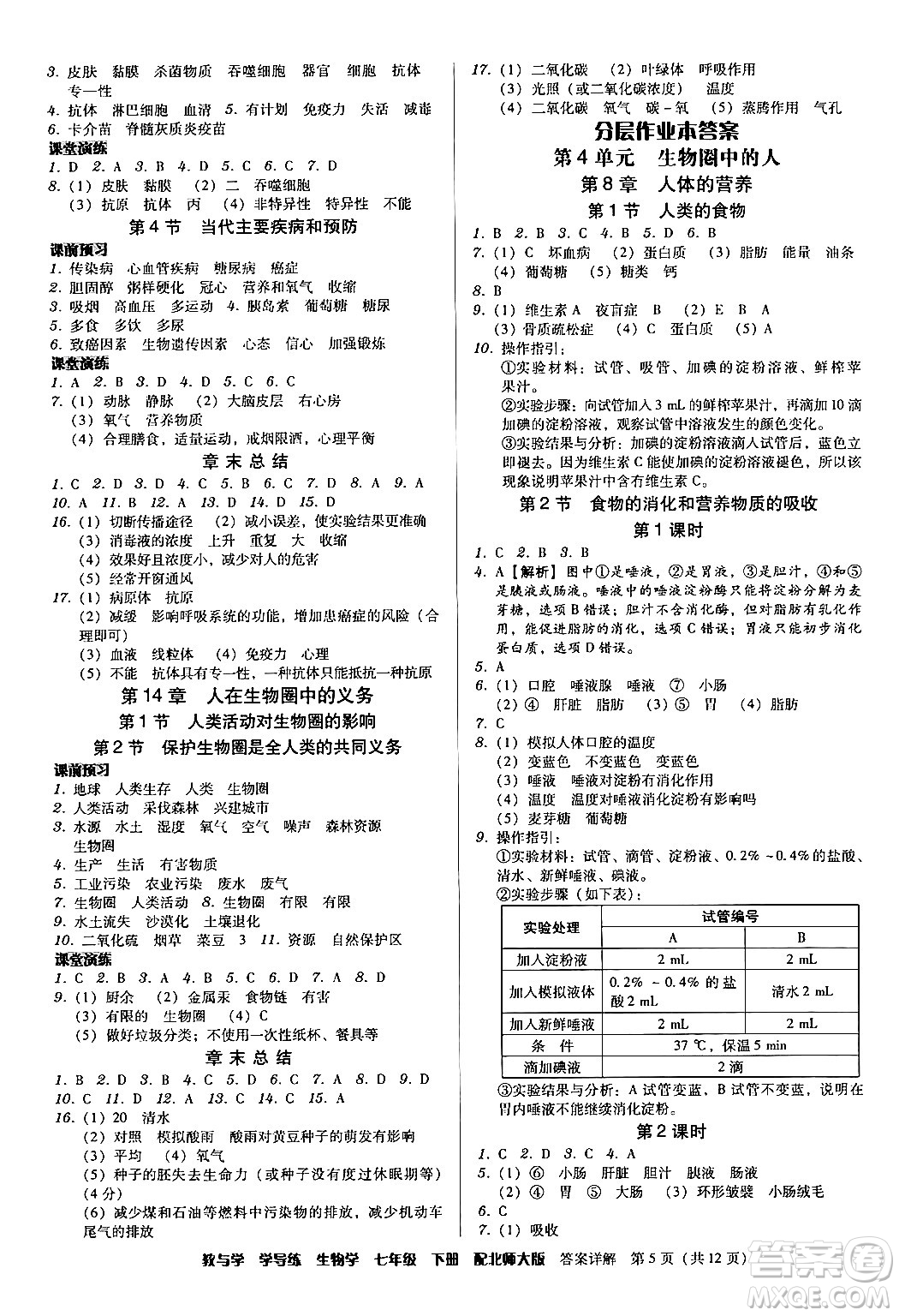 安徽人民出版社2024年春教與學(xué)學(xué)導(dǎo)練七年級(jí)生物下冊(cè)北師大版答案