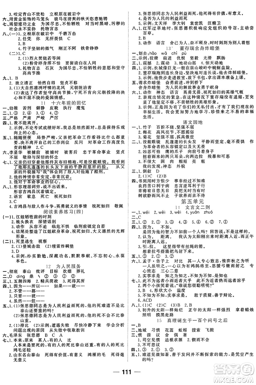 天津科學(xué)技術(shù)出版社2024年春奪冠新課堂隨堂練測(cè)六年級(jí)語(yǔ)文下冊(cè)人教版答案