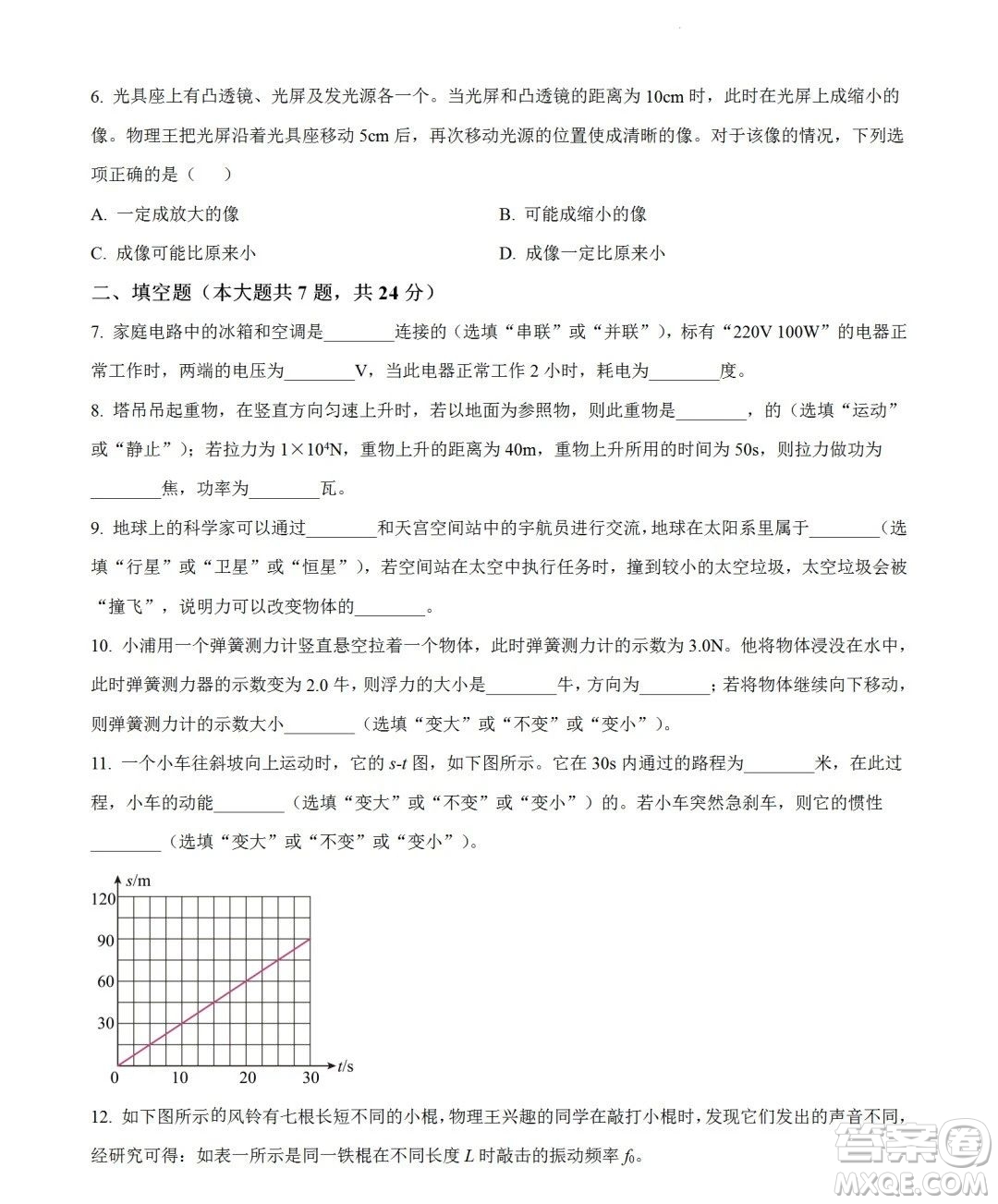 2024上海中考物理真題答案