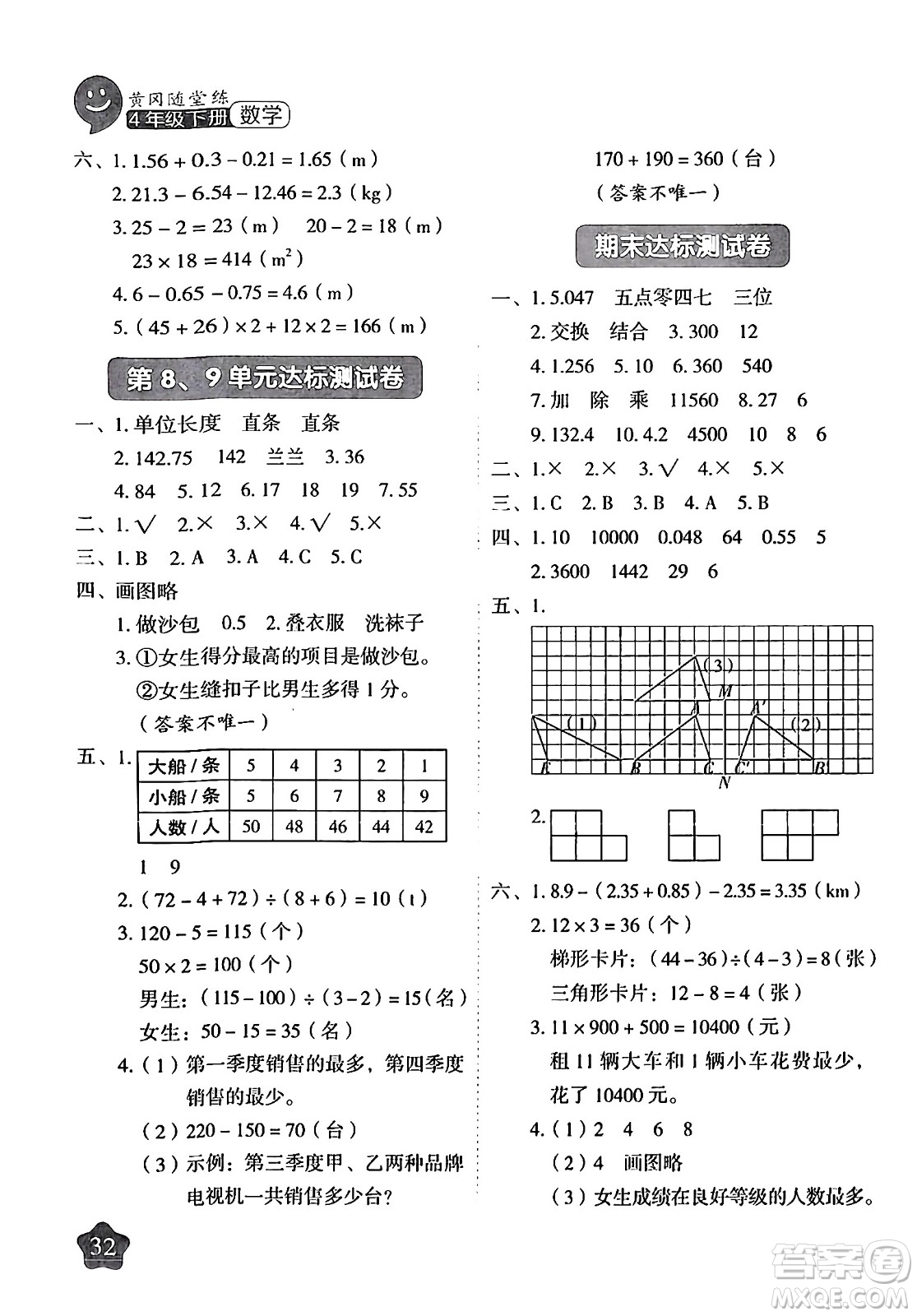 西安出版社2024年春黃岡隨堂練四年級(jí)數(shù)學(xué)下冊(cè)人教版答案