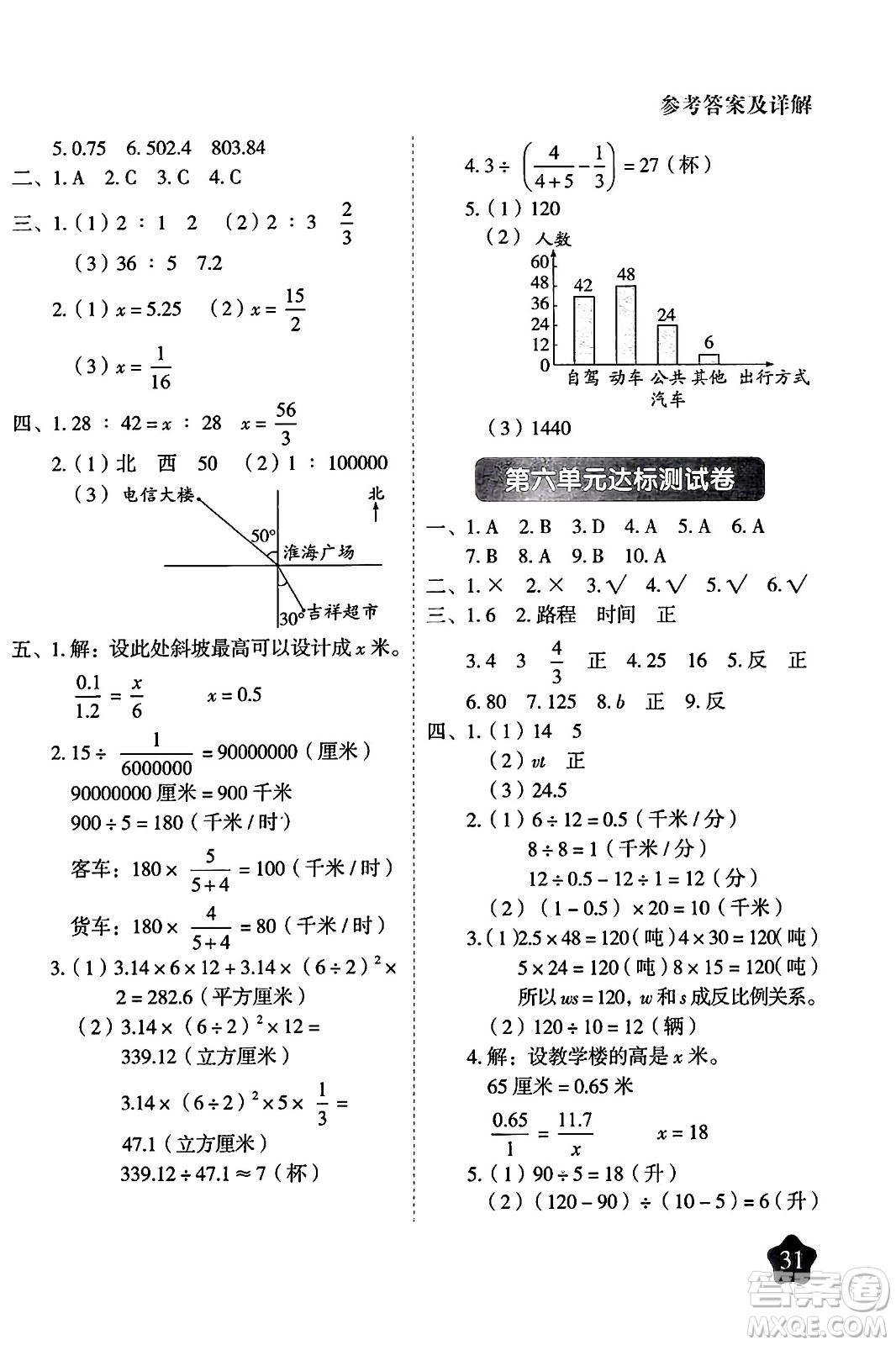 西安出版社2024年春黃岡隨堂練六年級數(shù)學(xué)下冊蘇教版答案